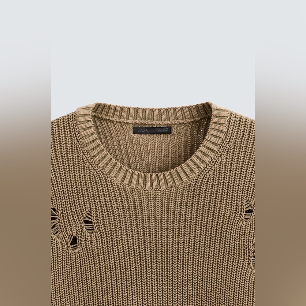 NWOT. Zara Man Camel Ripped Acid Wash Knit Sweater. Size M. - Picture 7 of 10
